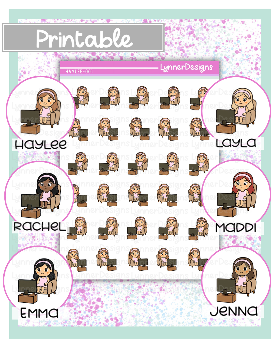 Printable - 001 Girl Character - Watching tv